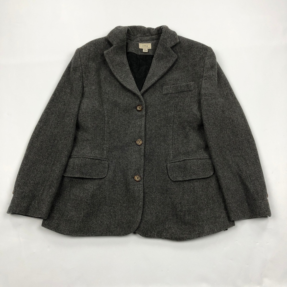 LL Bean Womens 8P Grey Herringbone Wool Cashmere Blend 3 Button Blazer Jacket